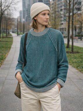 Lands End Ribbed Knit Sweater Teal Relaxed Fit Minimal Coastal Fisherman Unisex